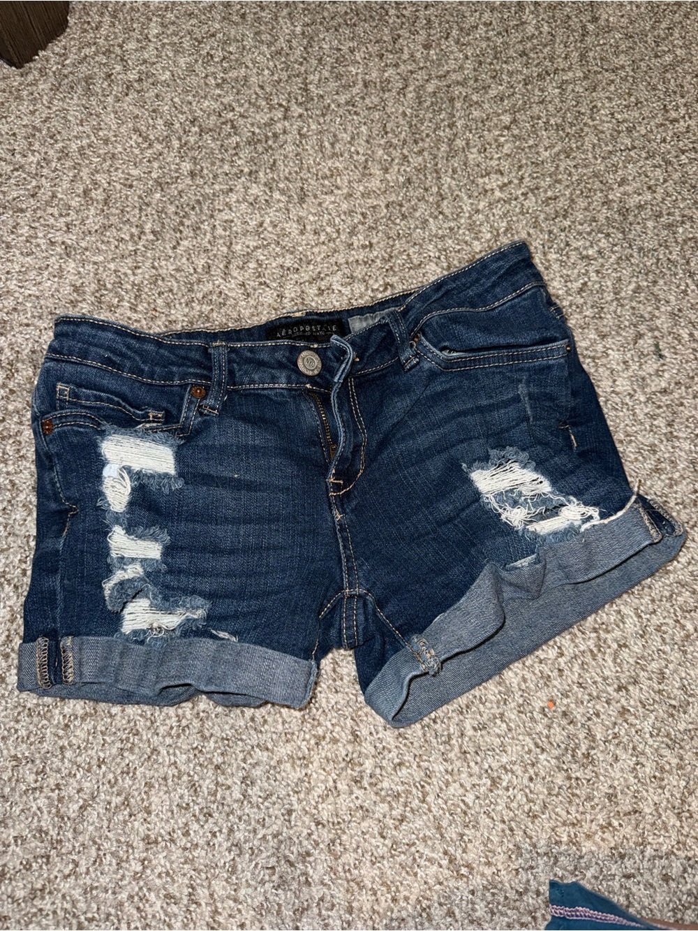 Aeropostale Dark Blue Distressed Roll-Cuff Denim Shorts